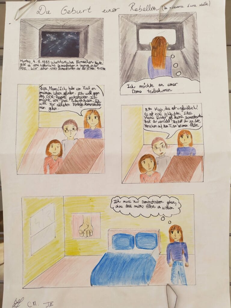 KLASSENPROJEKT : 35 JAHRE MAUERFALL "GRENZMAUERN UBERWINDER" - PROJET INTERDISCIPLINAIRE : 35 ans après la chute du mur de Berlin, les murs-frontières aujourd'hui 54 38 Comic 4 1